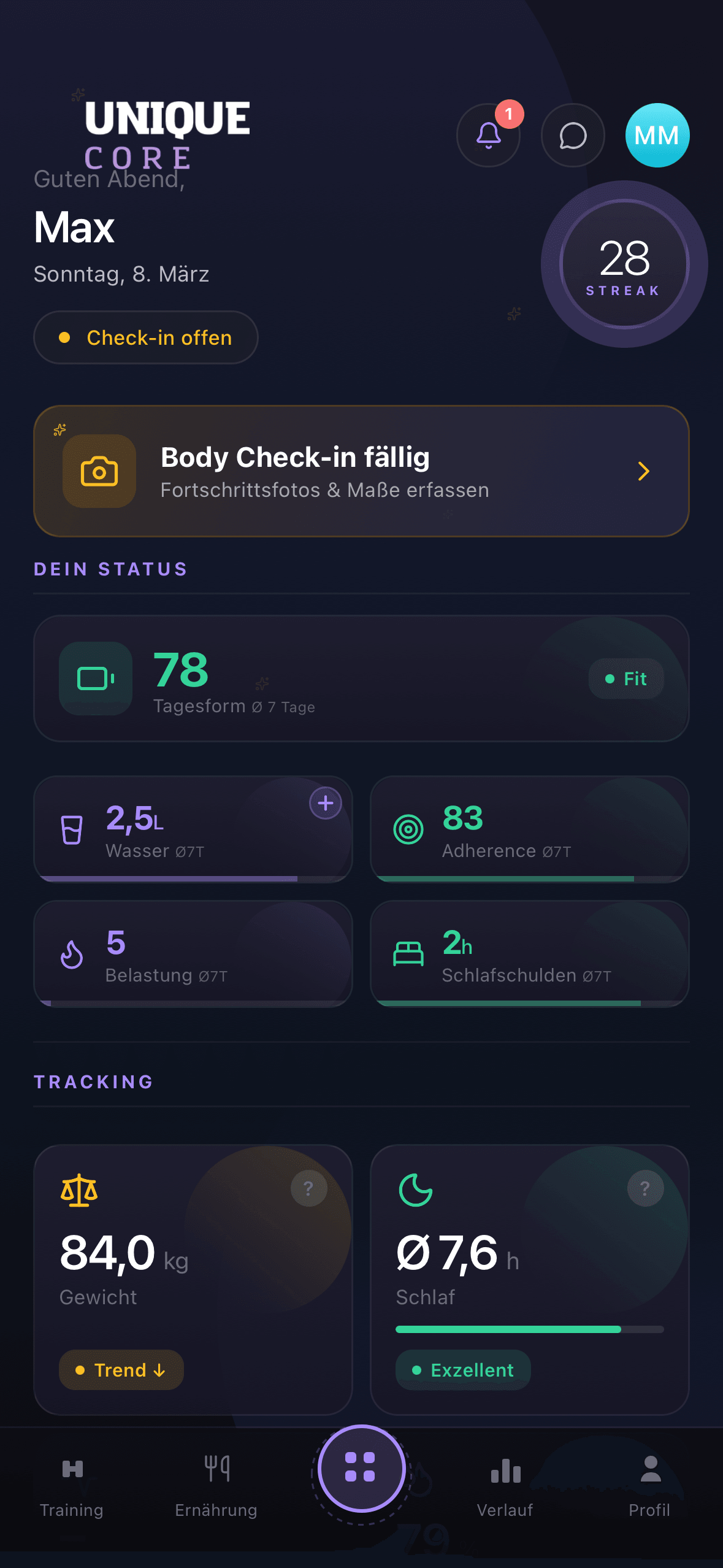 UNIQUE App — Dashboard mit Recovery Score und Tagesform