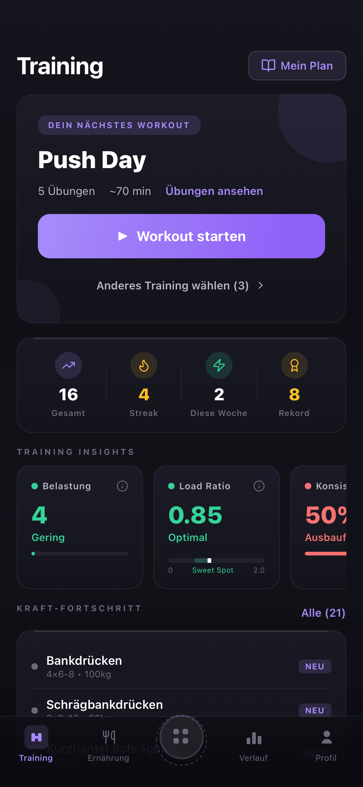 UNIQUE App — Workout Tracker mit Belastungsanalyse